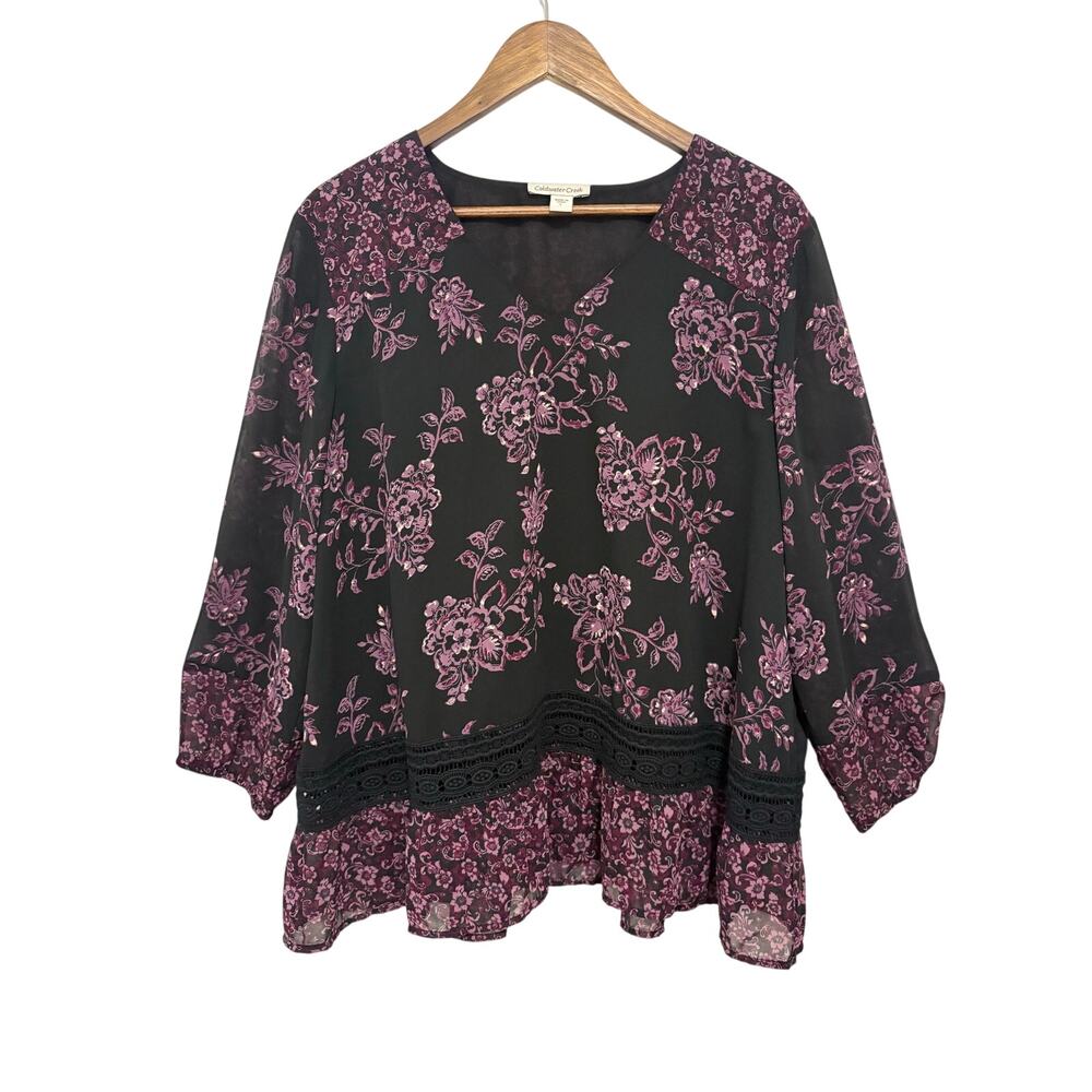 Coldwater Creek Floral Peplum Blouse Womens L Black Purple Lace Trim